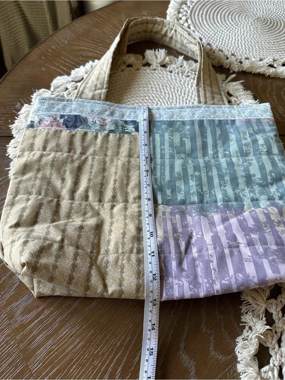 Handmade Patchwork Tote Bag in Blue, Lavender & Cream
